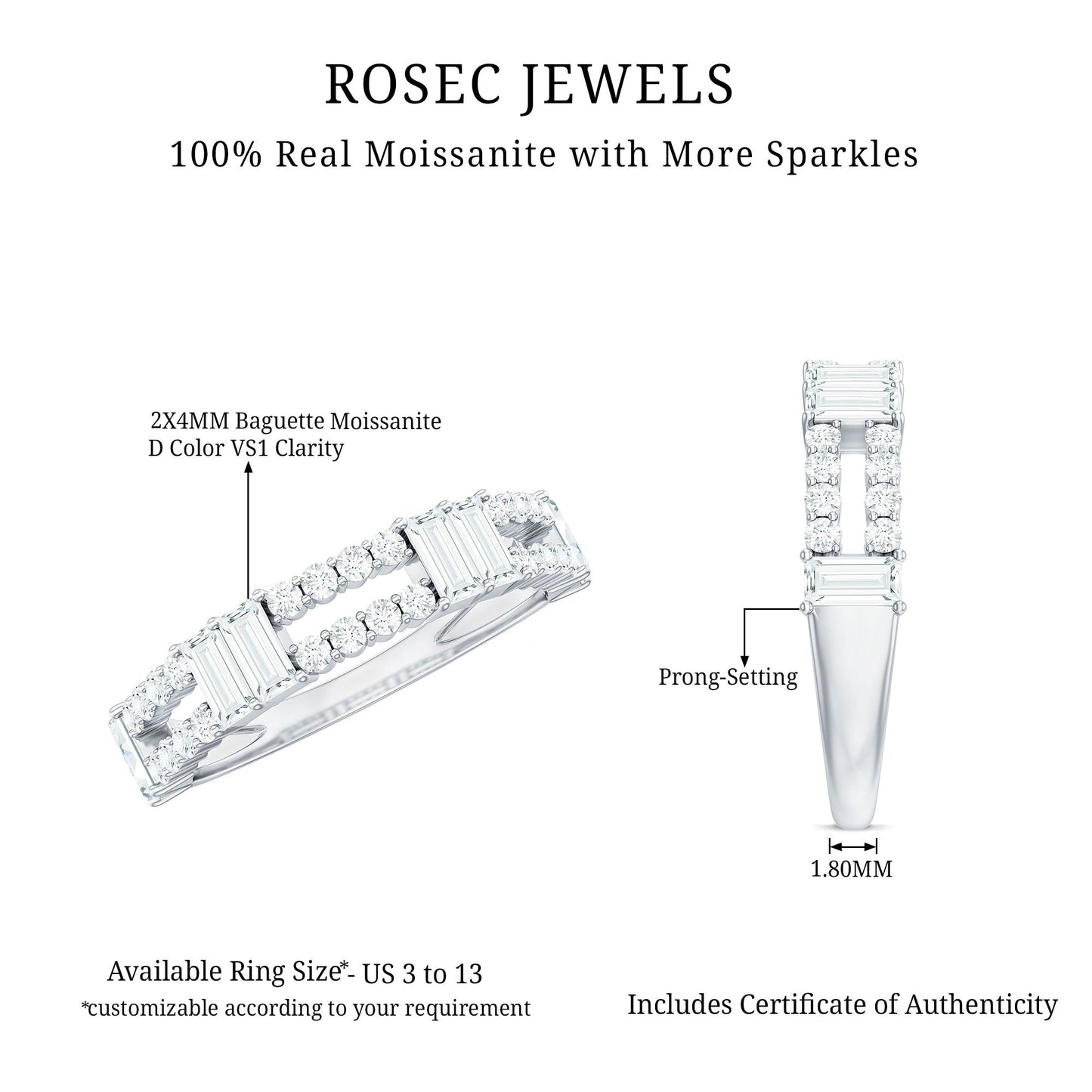 Baguette and Round Moissanite Half Eternity Band