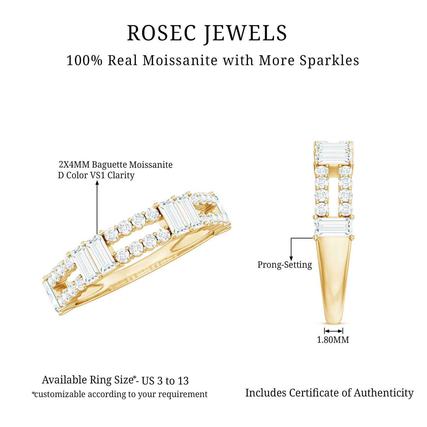 Baguette and Round Moissanite Half Eternity Band
