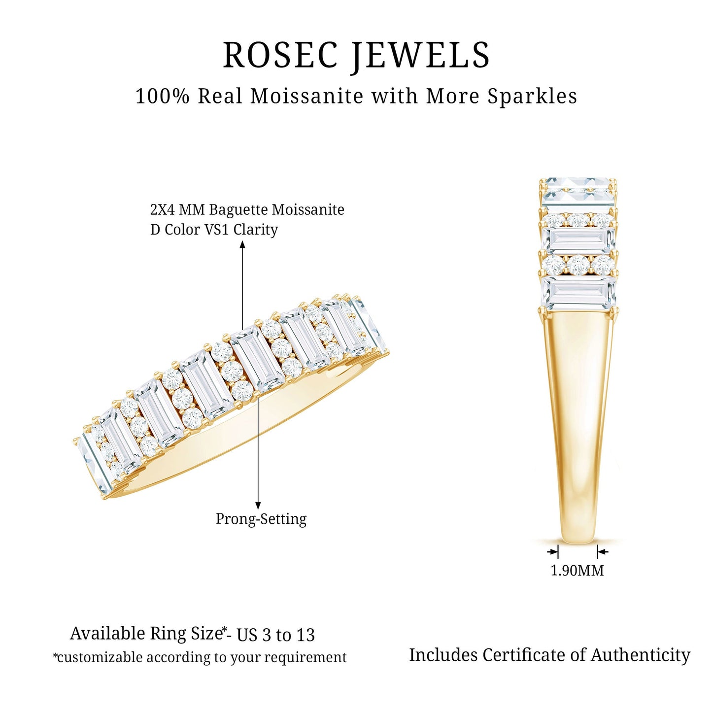 Certified Baguette Moissanite Half Eternity Band Ring for Women