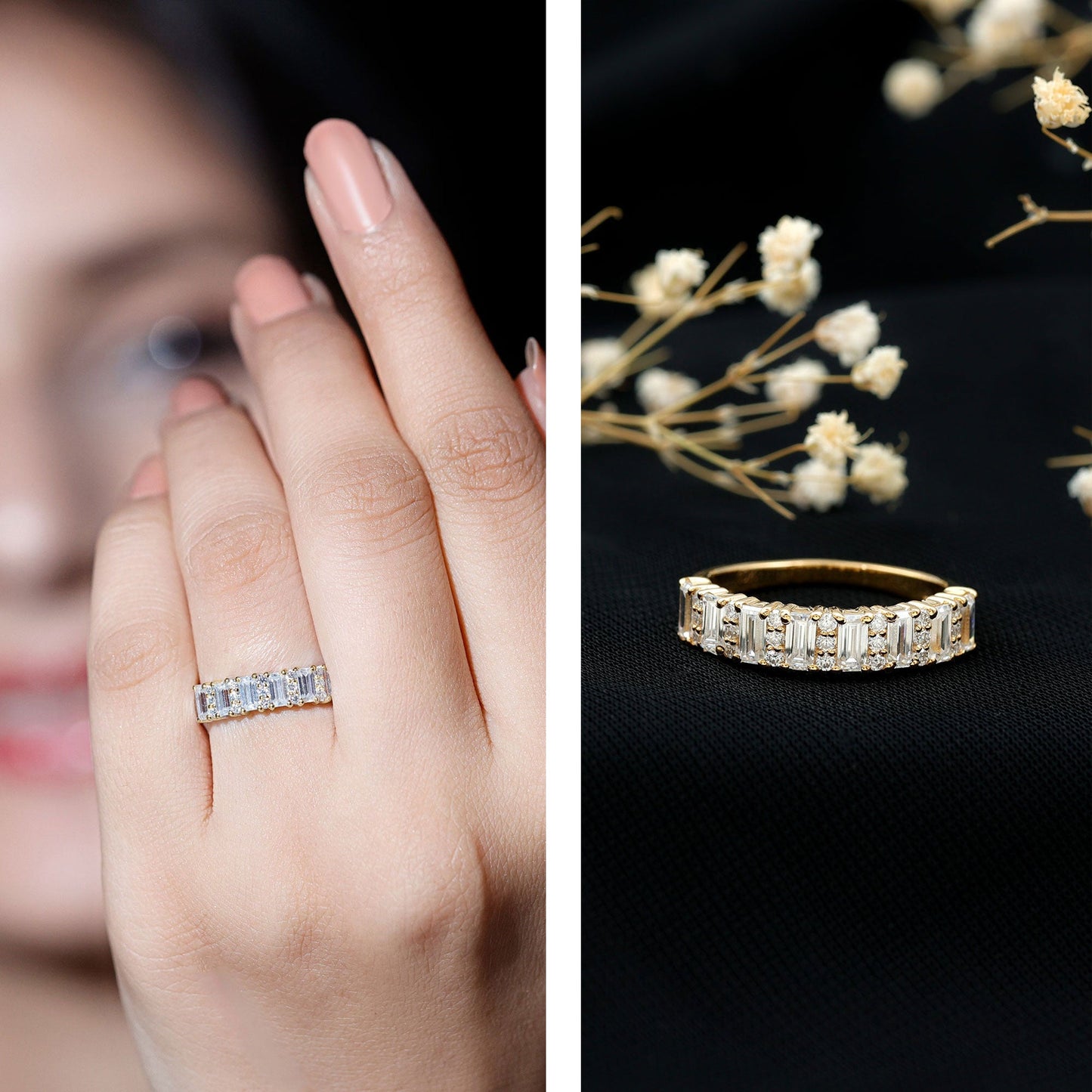 Certified Baguette Moissanite Half Eternity Band Ring for Women