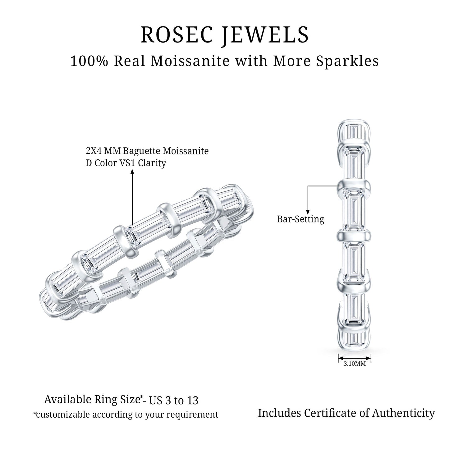 Certified Baguette Cut Moissanite East West Eternity Ring