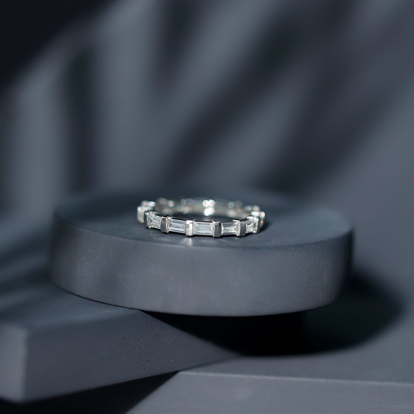 Certified Baguette Cut Moissanite East West Eternity Ring