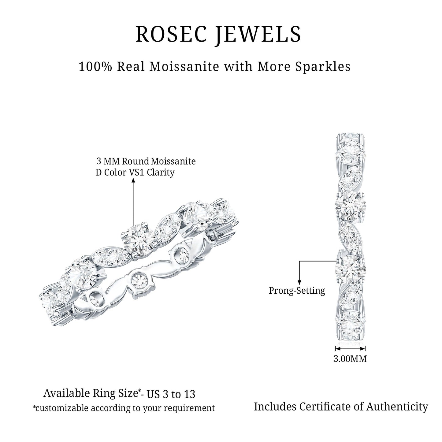Certified Moissanite Eternity Wedding Band Ring in Prong Setting