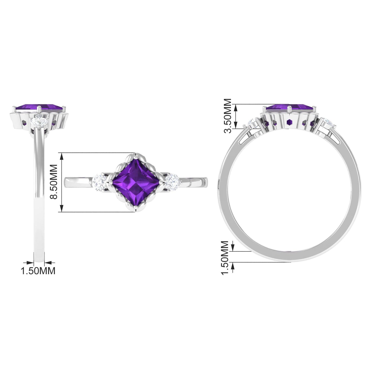 Designer 1.2 Carat Princess Cut Amethyst Engagement Ring with Diamond