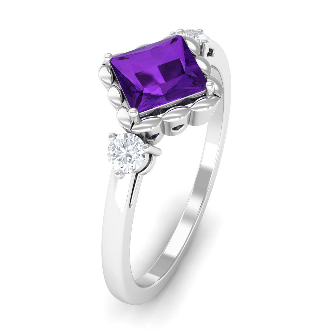Designer 1.2 Carat Princess Cut Amethyst Engagement Ring with Diamond