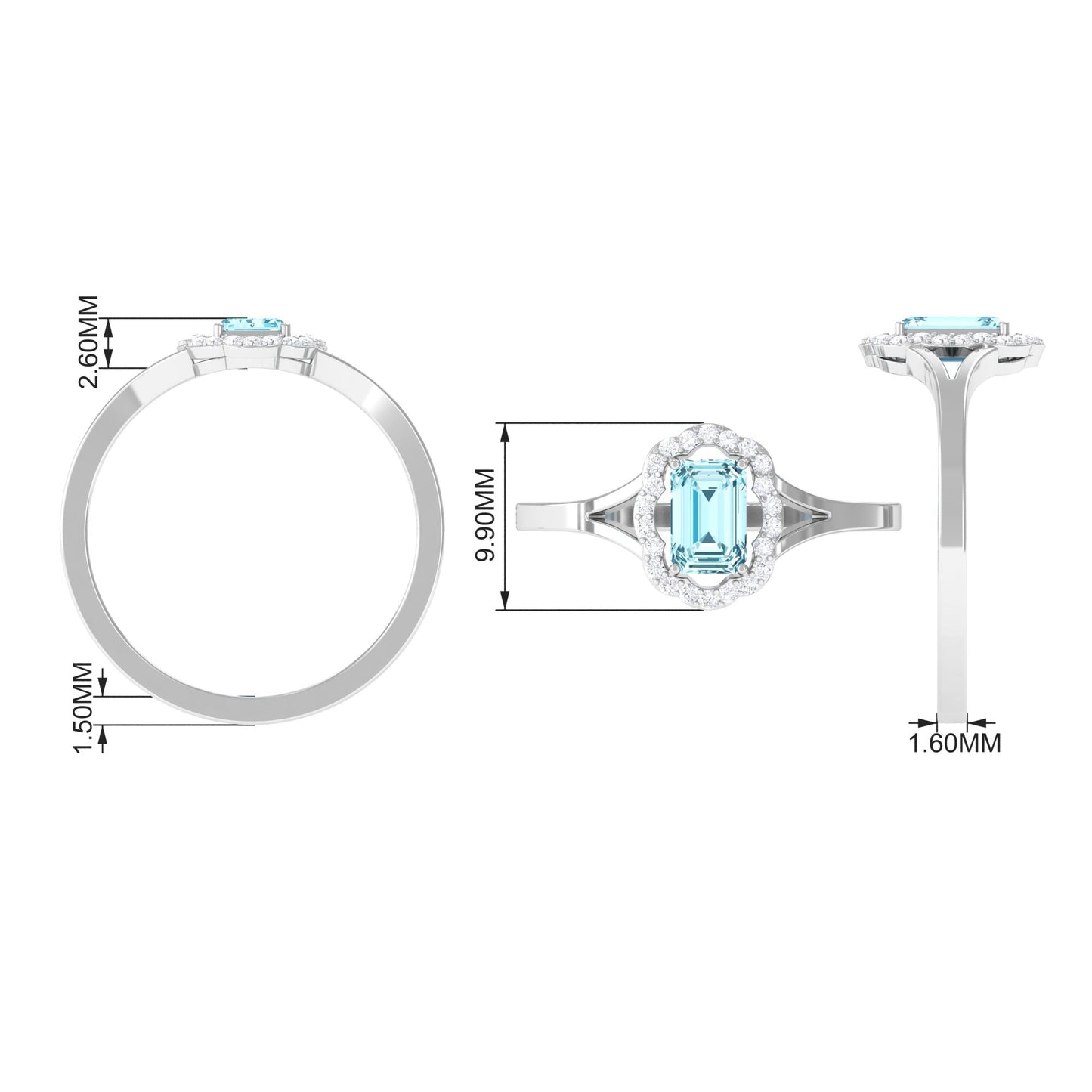 Emerald Cut Aquamarine Engagement Ring with Diamond Floral Halo