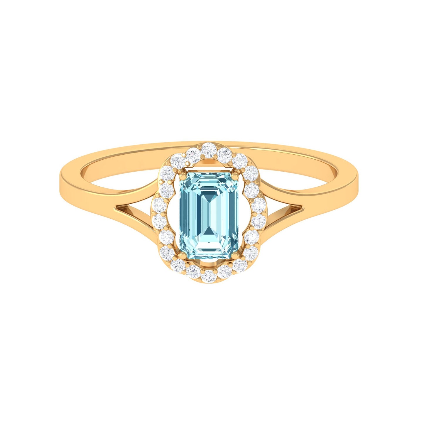 Emerald Cut Aquamarine Engagement Ring with Diamond Floral Halo