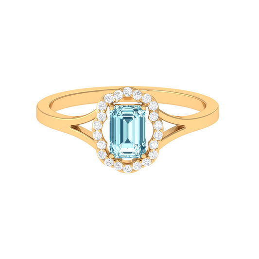 Emerald Cut Aquamarine Engagement Ring with Diamond Floral Halo