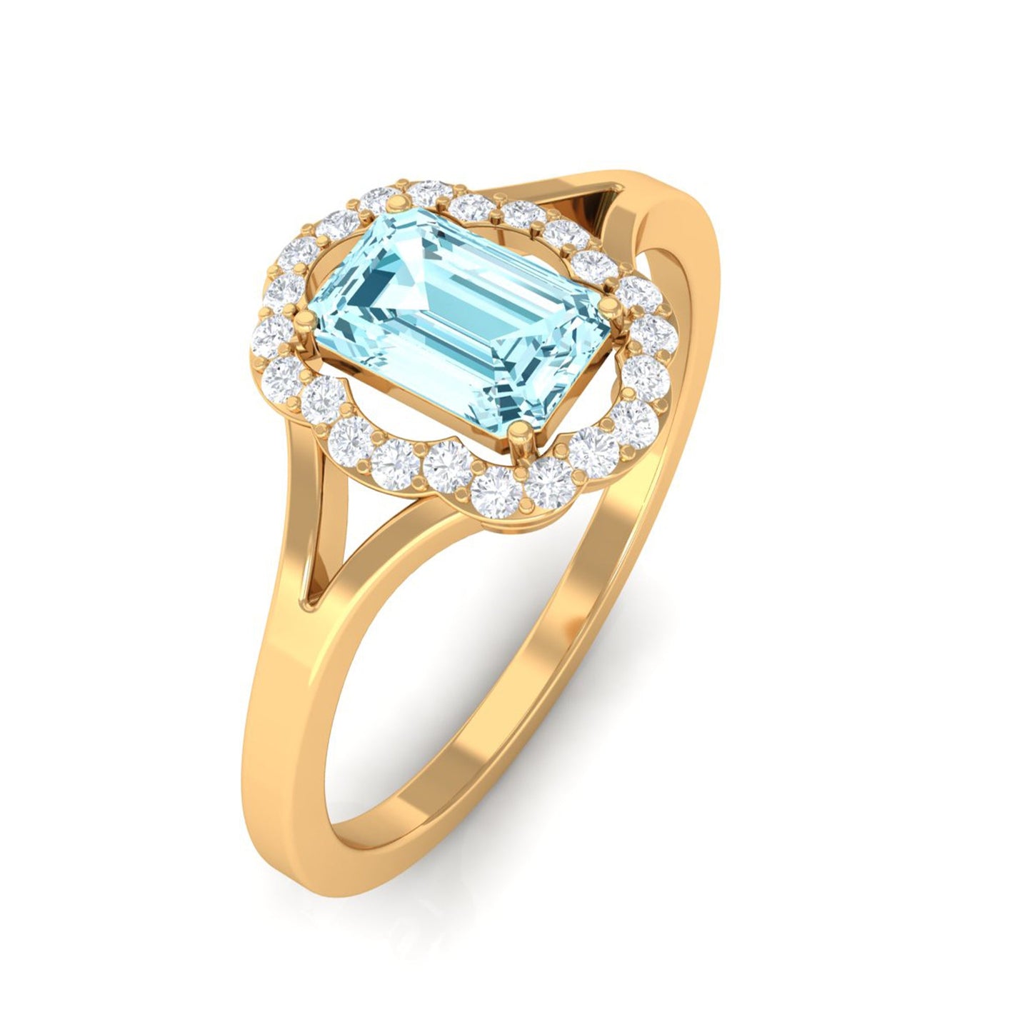 Emerald Cut Aquamarine Engagement Ring with Diamond Floral Halo