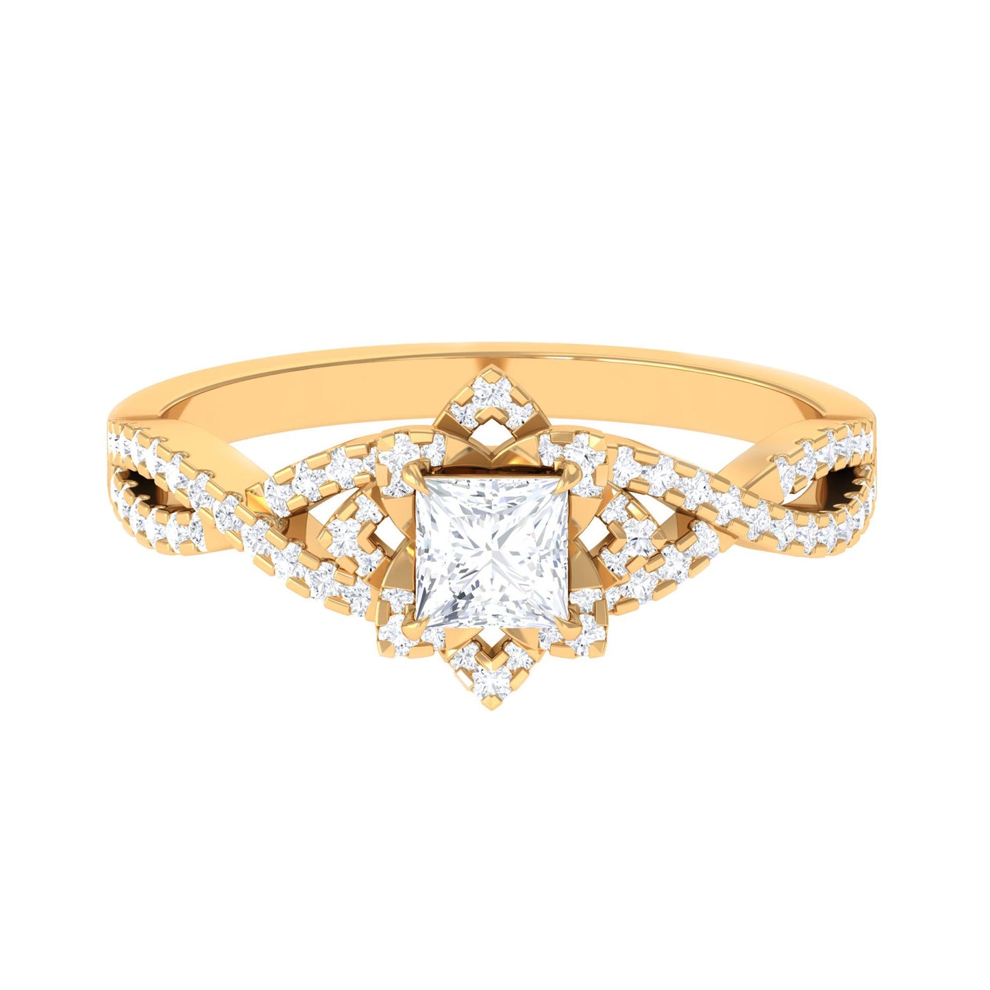 Natural Princess Cut Diamond Flower Engagement Ring with Crossover Shank