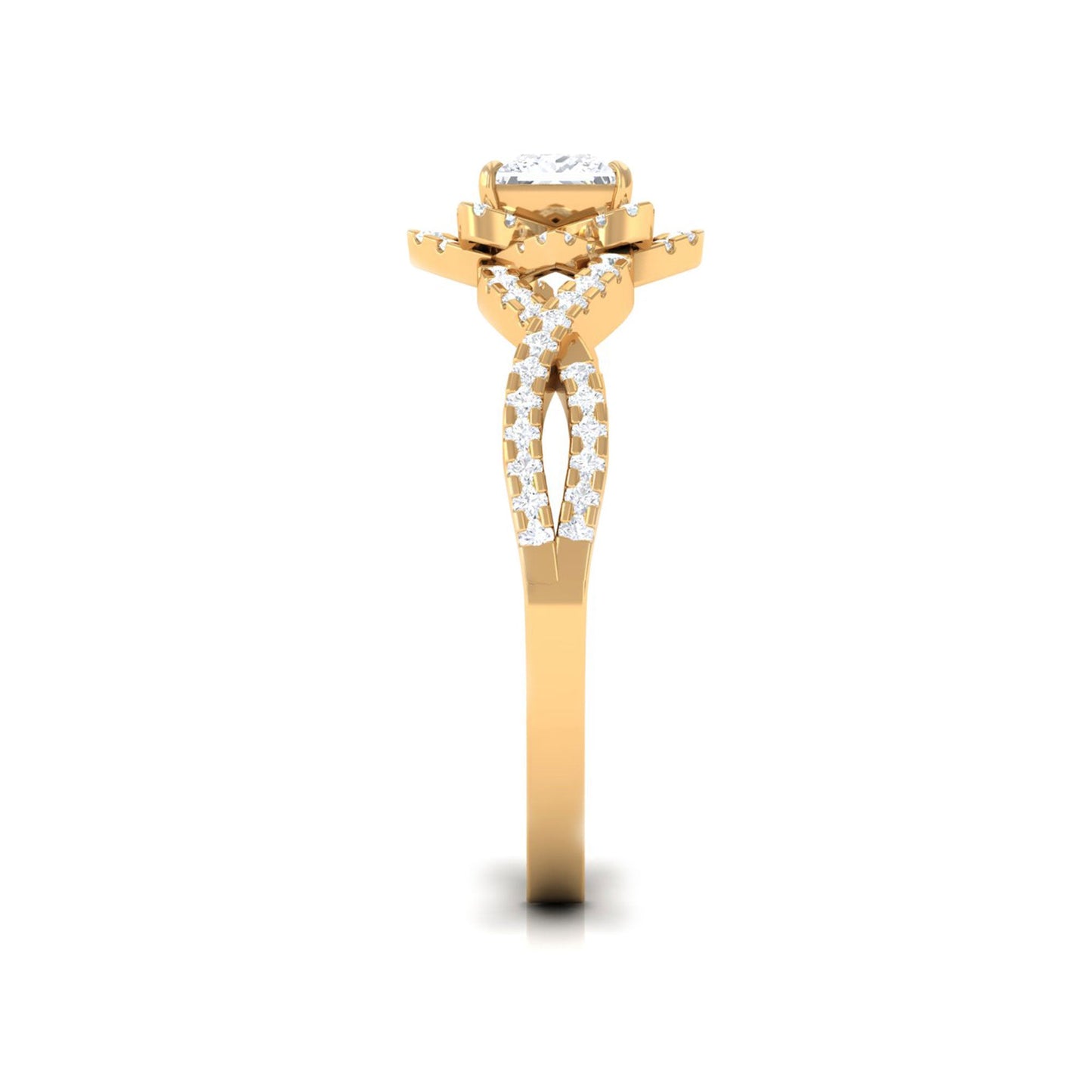 Natural Princess Cut Diamond Flower Engagement Ring with Crossover Shank