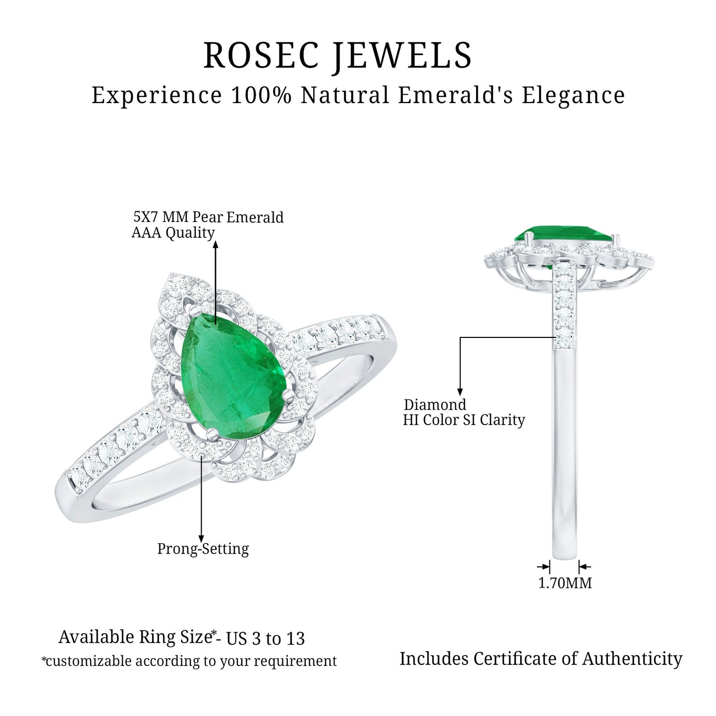 Pear Shaped Emerald Nature Engagement Ring with Diamond