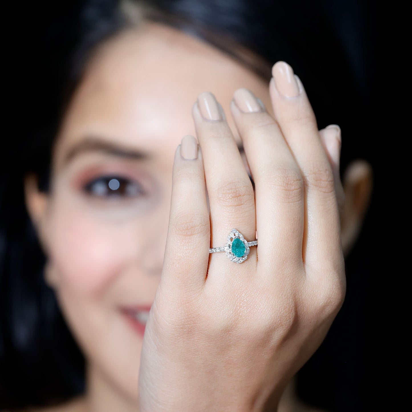 Pear Shaped Emerald Nature Engagement Ring with Diamond