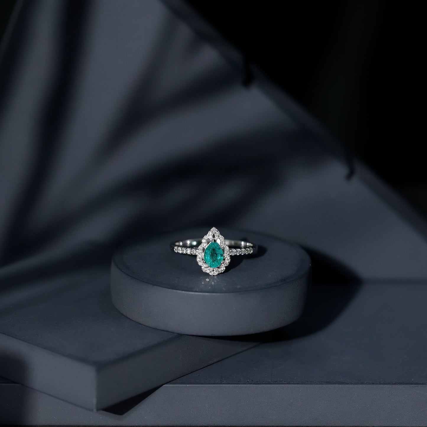 Pear Shaped Emerald Nature Engagement Ring with Diamond