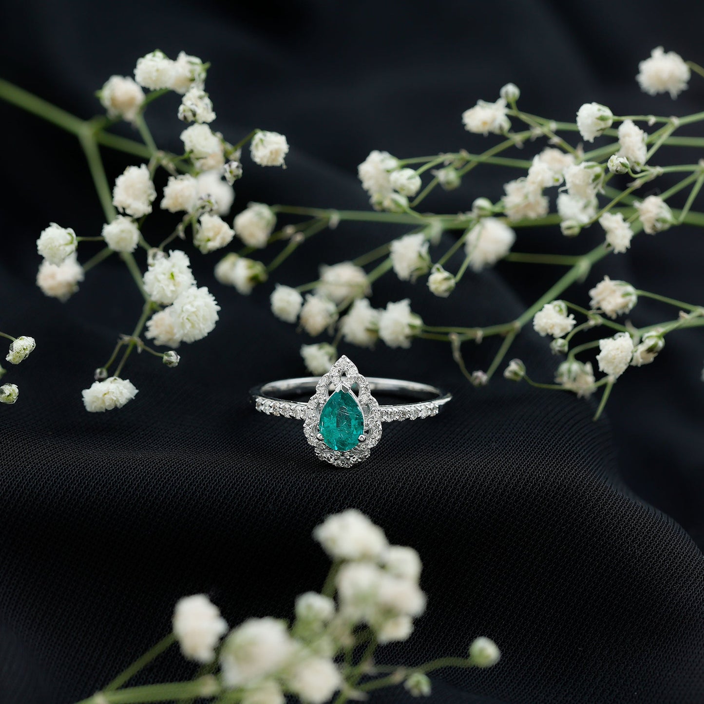 Pear Shaped Emerald Nature Engagement Ring with Diamond