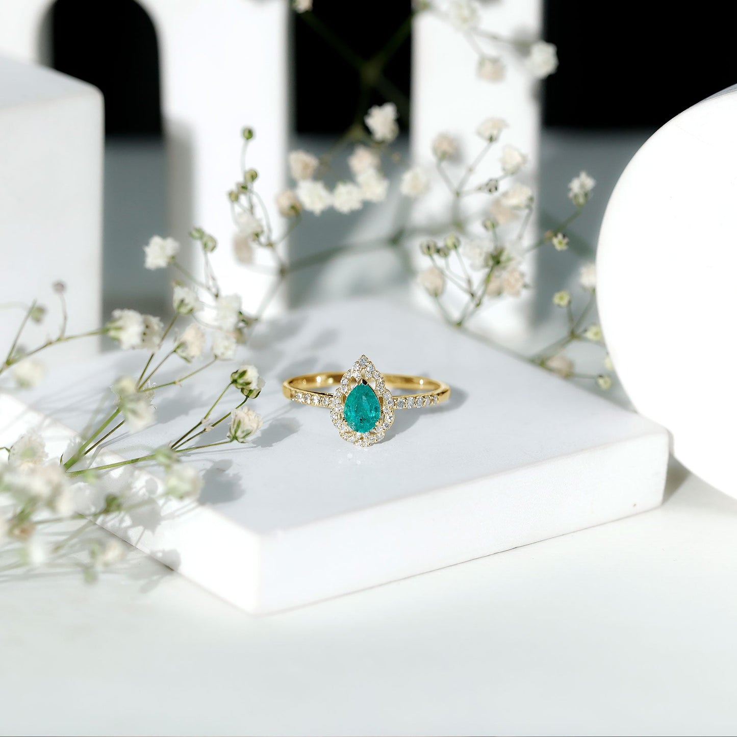 Pear Shaped Emerald Nature Engagement Ring with Diamond
