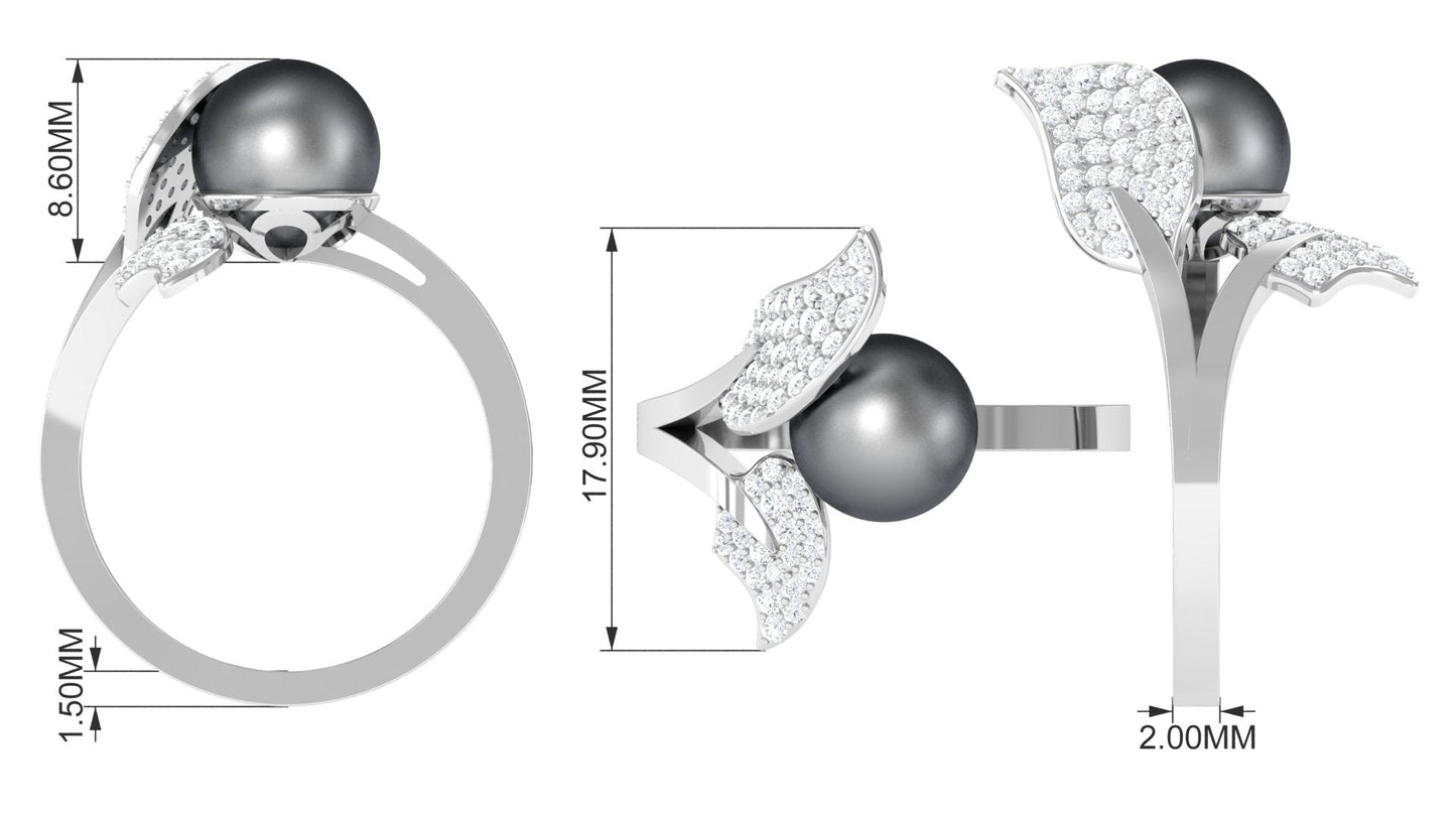 Round Tahitian Pearl and Diamond Leaf Engagement Ring