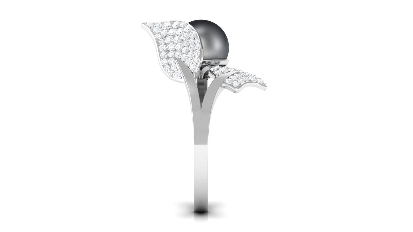 Round Tahitian Pearl and Diamond Leaf Engagement Ring