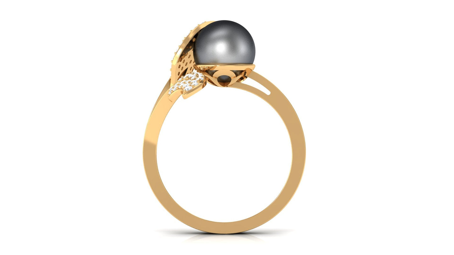 Round Tahitian Pearl and Diamond Leaf Engagement Ring