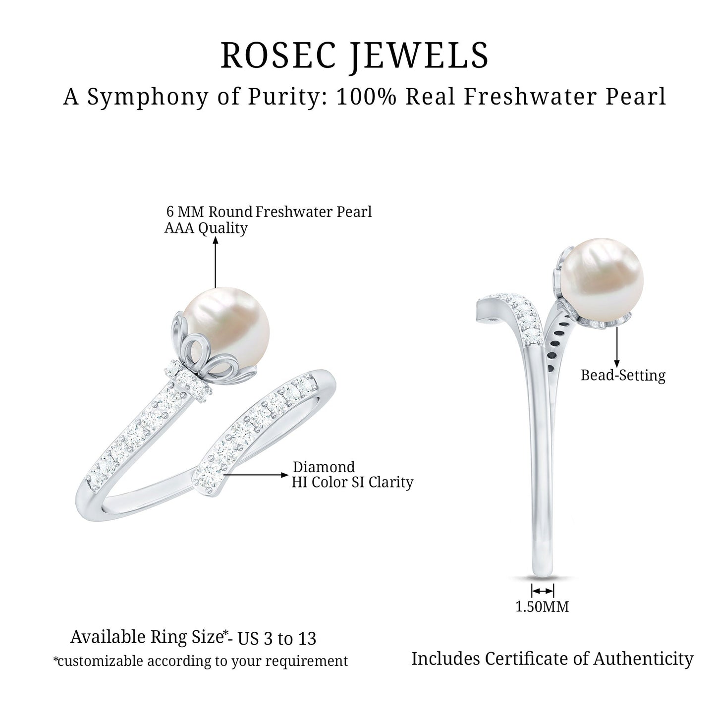 Natural 2 Carat Freshwater Pearl Wrap Ring with Diamond