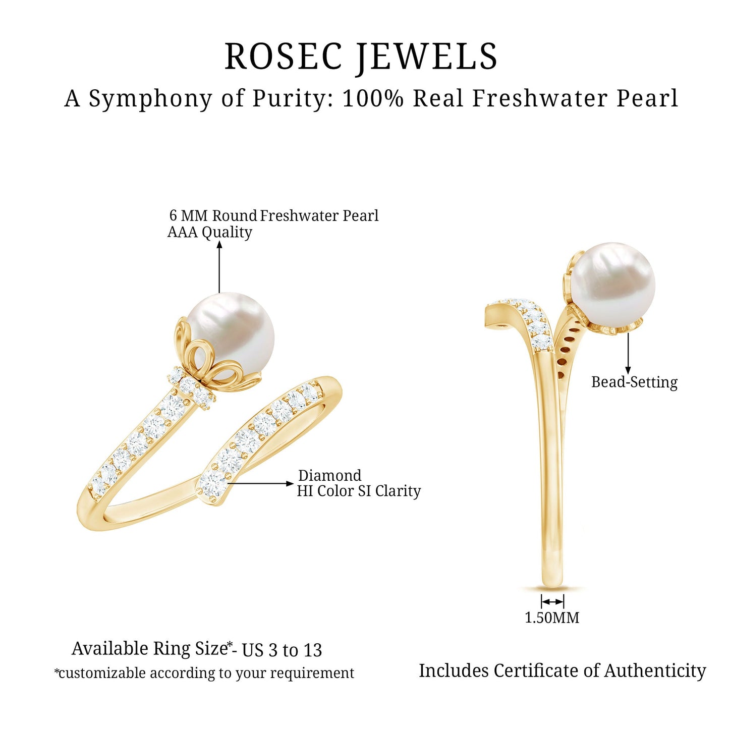 Natural 2 Carat Freshwater Pearl Wrap Ring with Diamond