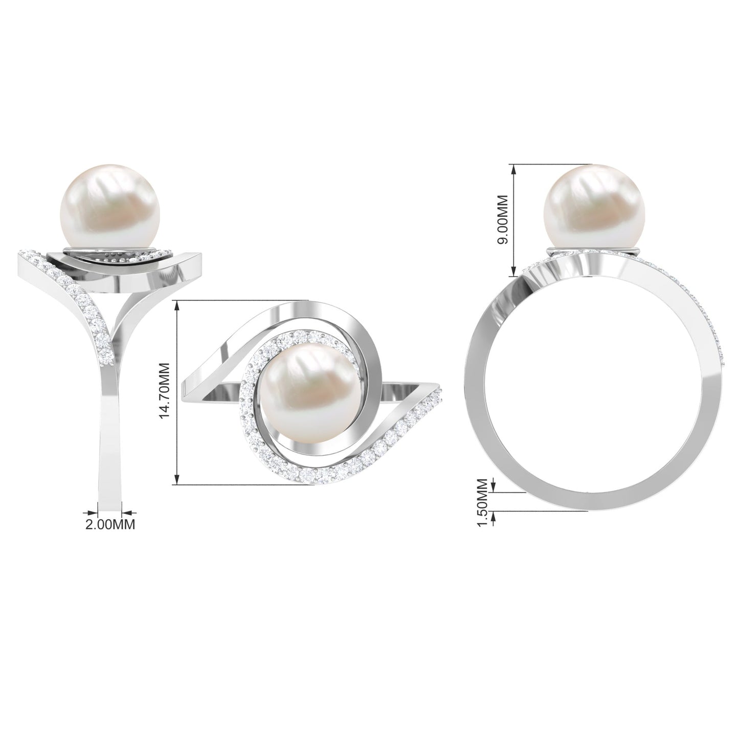 Natural 7.4 carat Freshwater Pearl Engagement Ring with Diamond Bypass Shank