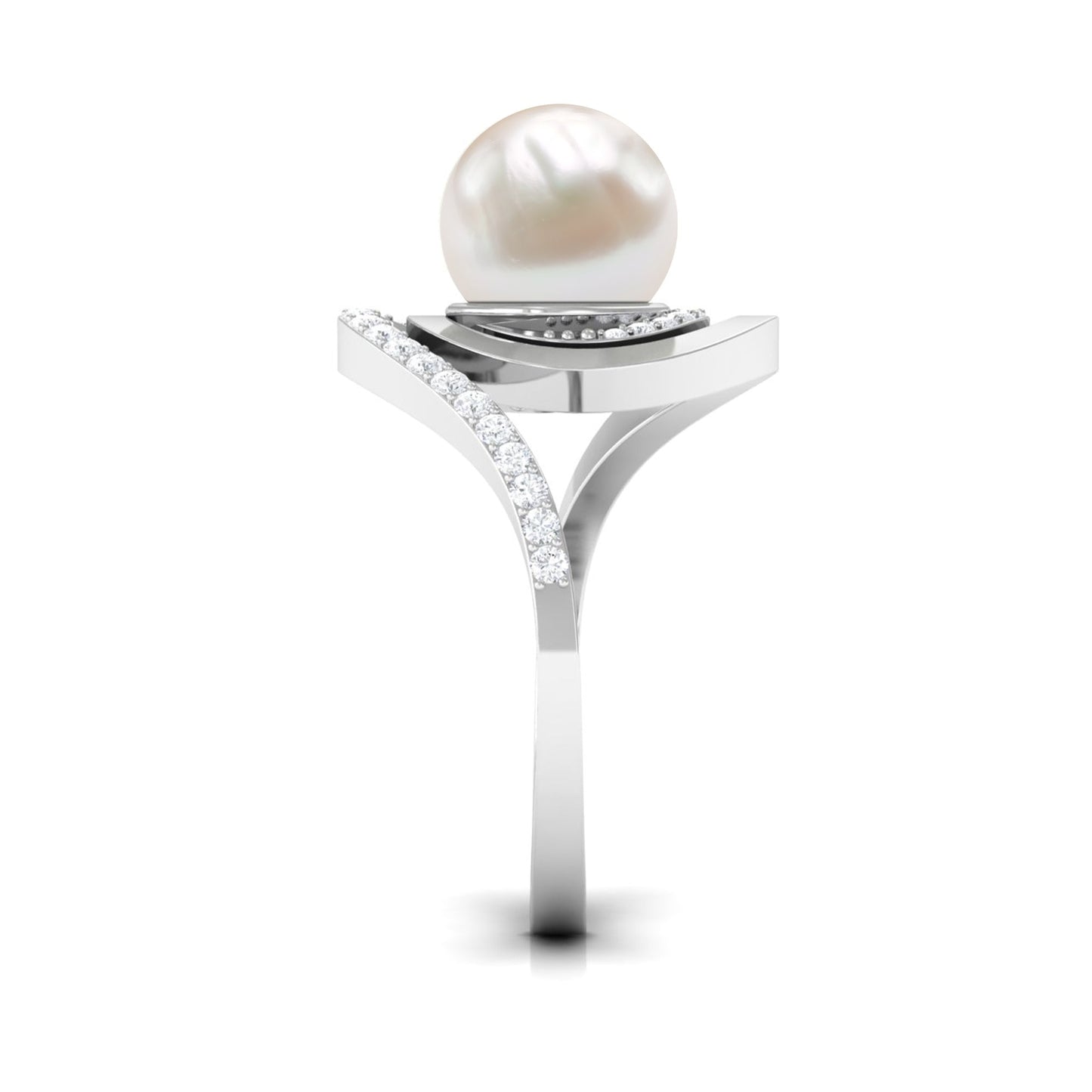 Natural 7.4 carat Freshwater Pearl Engagement Ring with Diamond Bypass Shank