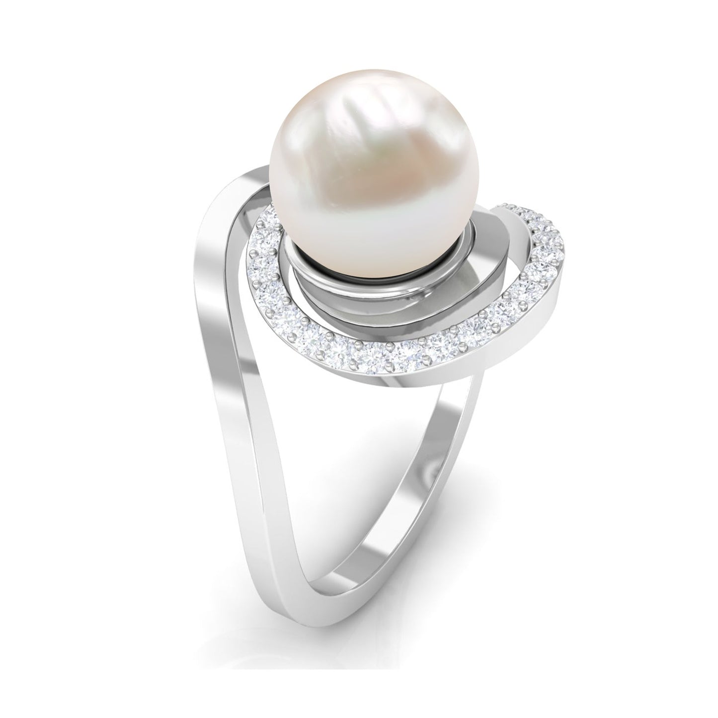 Natural 7.4 carat Freshwater Pearl Engagement Ring with Diamond Bypass Shank