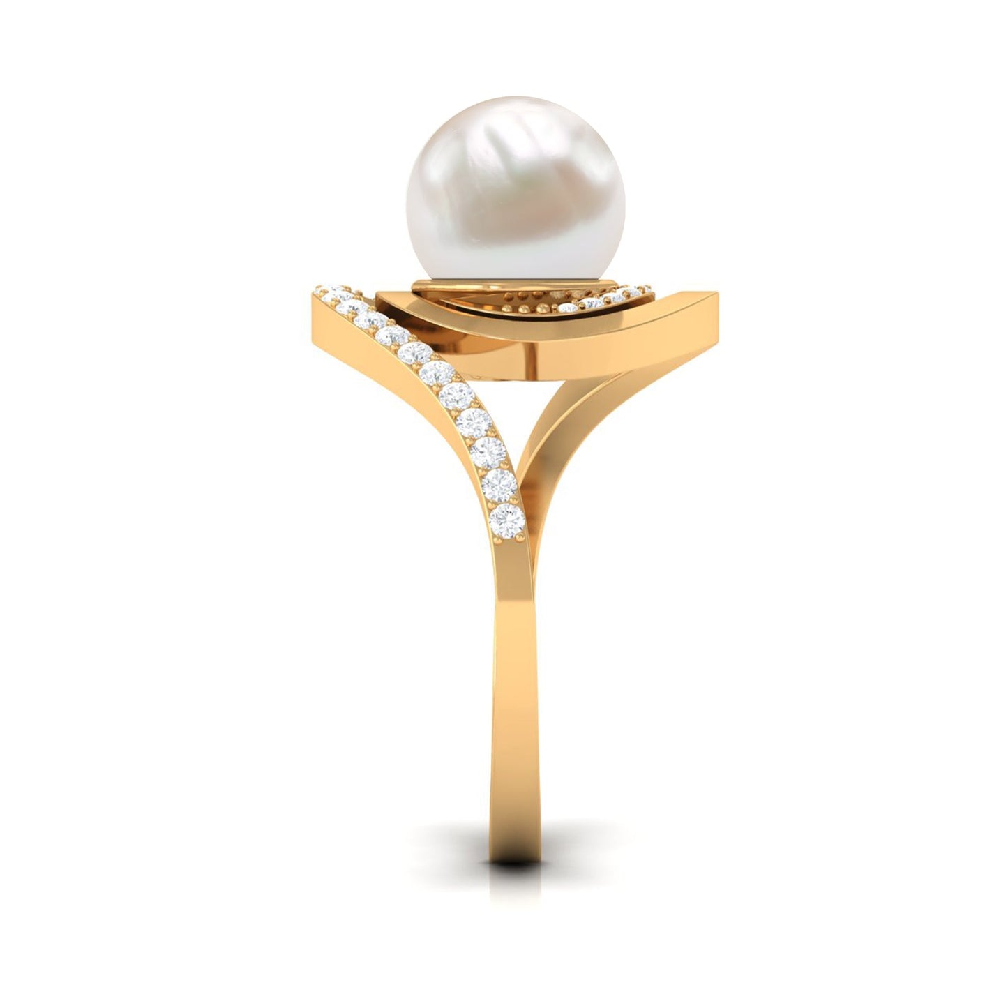 Natural 7.4 carat Freshwater Pearl Engagement Ring with Diamond Bypass Shank