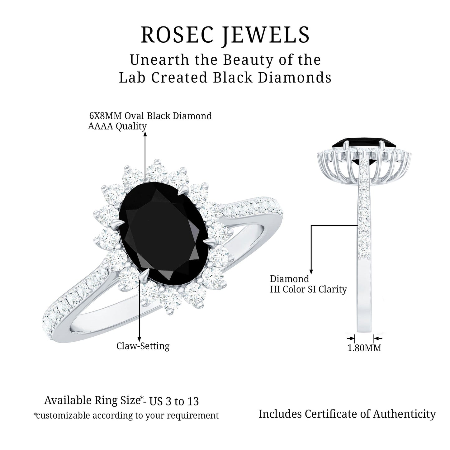 Certified 1.9 Carat Lab Grown Black Diamond Oval Engagement Ring with White Diamond
