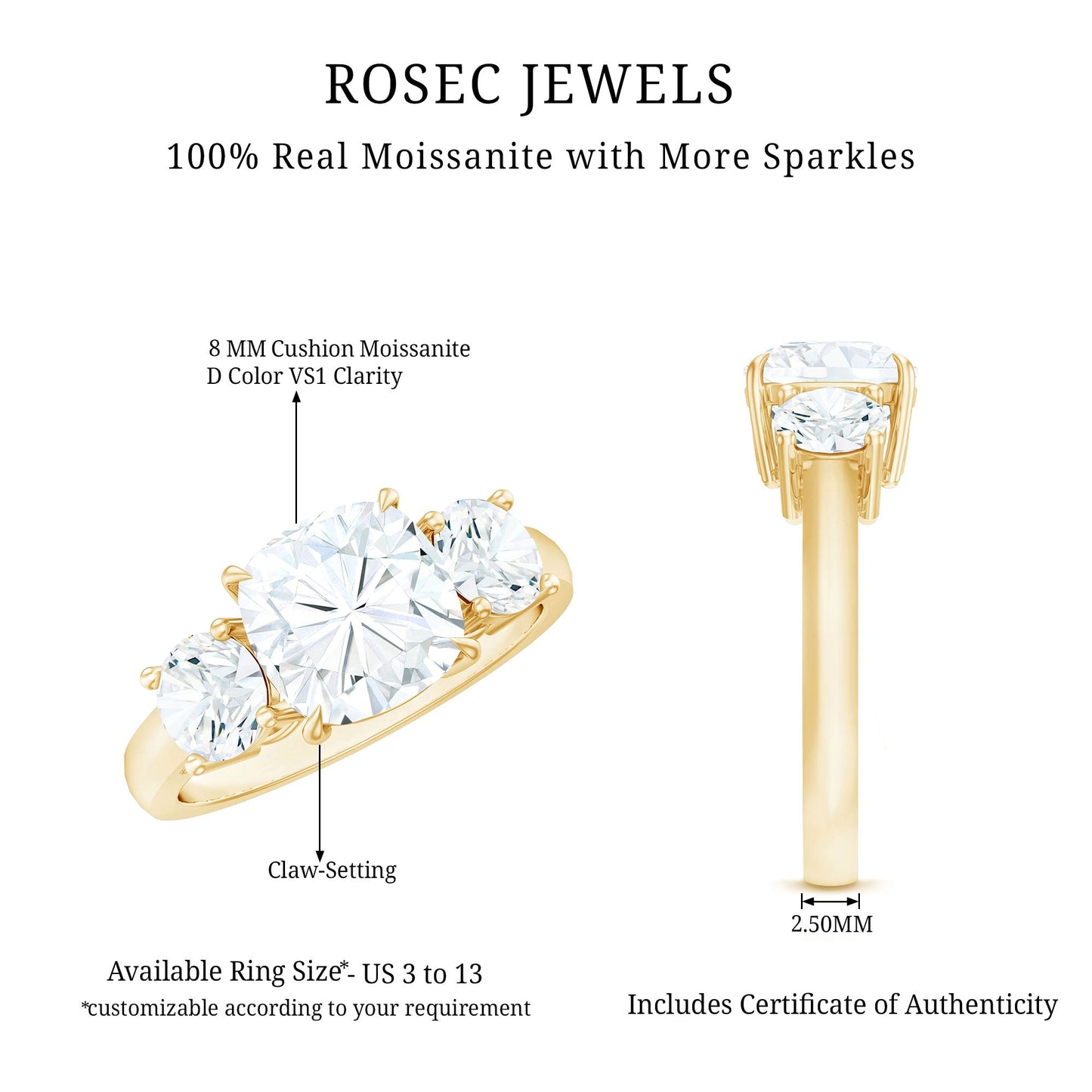 Three Stone Moissanite Engagement Ring with Certificate