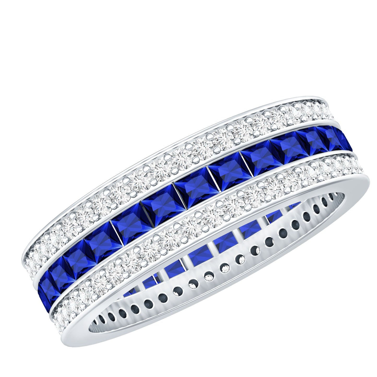 Certified Lab Grown Blue Sapphire 3 Row Wedding Band