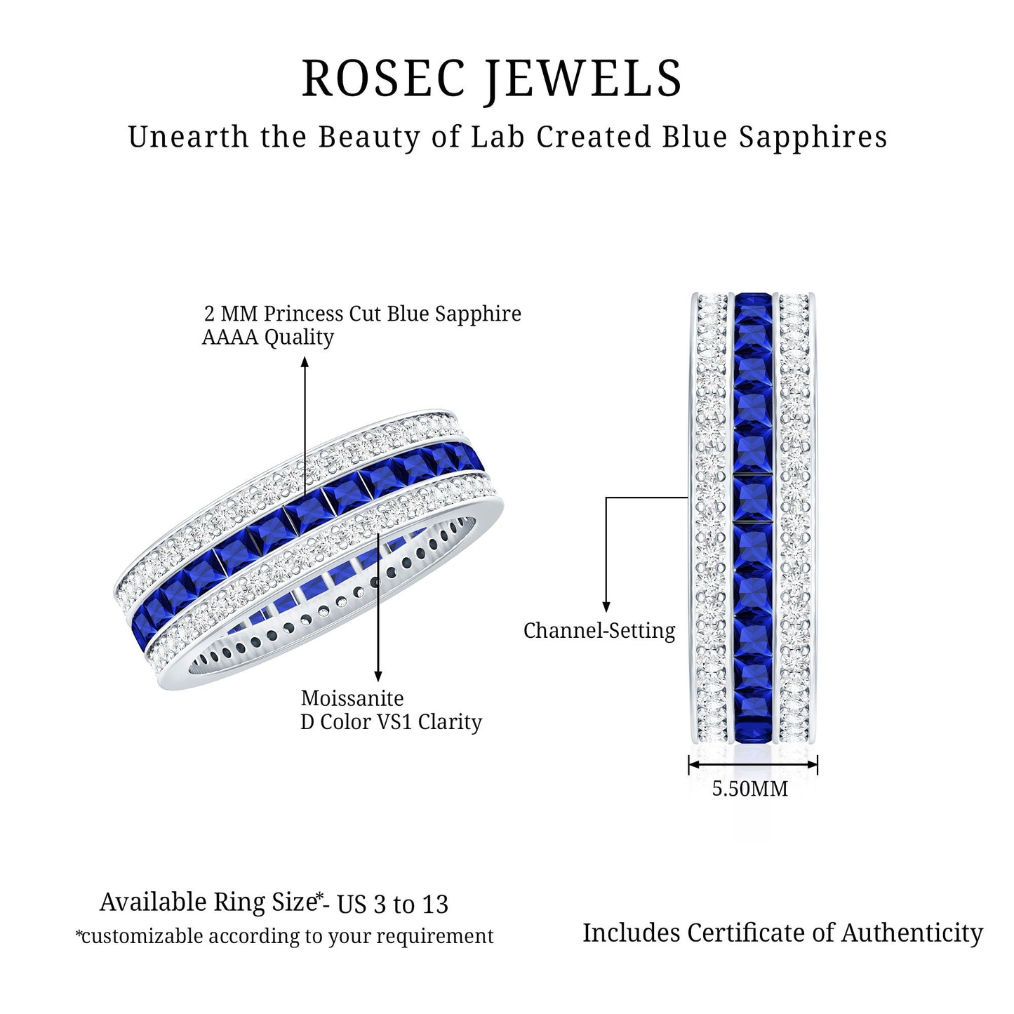 Certified Lab Grown Blue Sapphire 3 Row Wedding Band