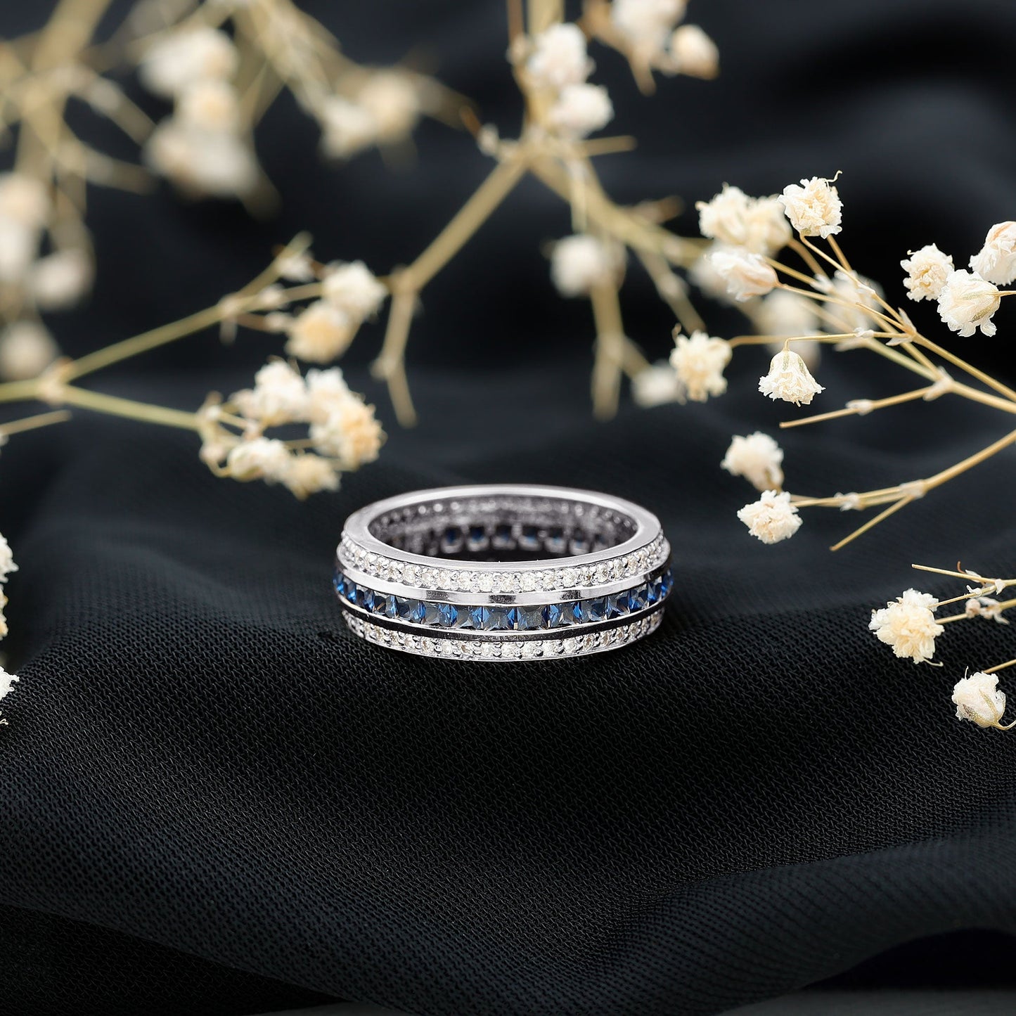 Certified Lab Grown Blue Sapphire 3 Row Wedding Band