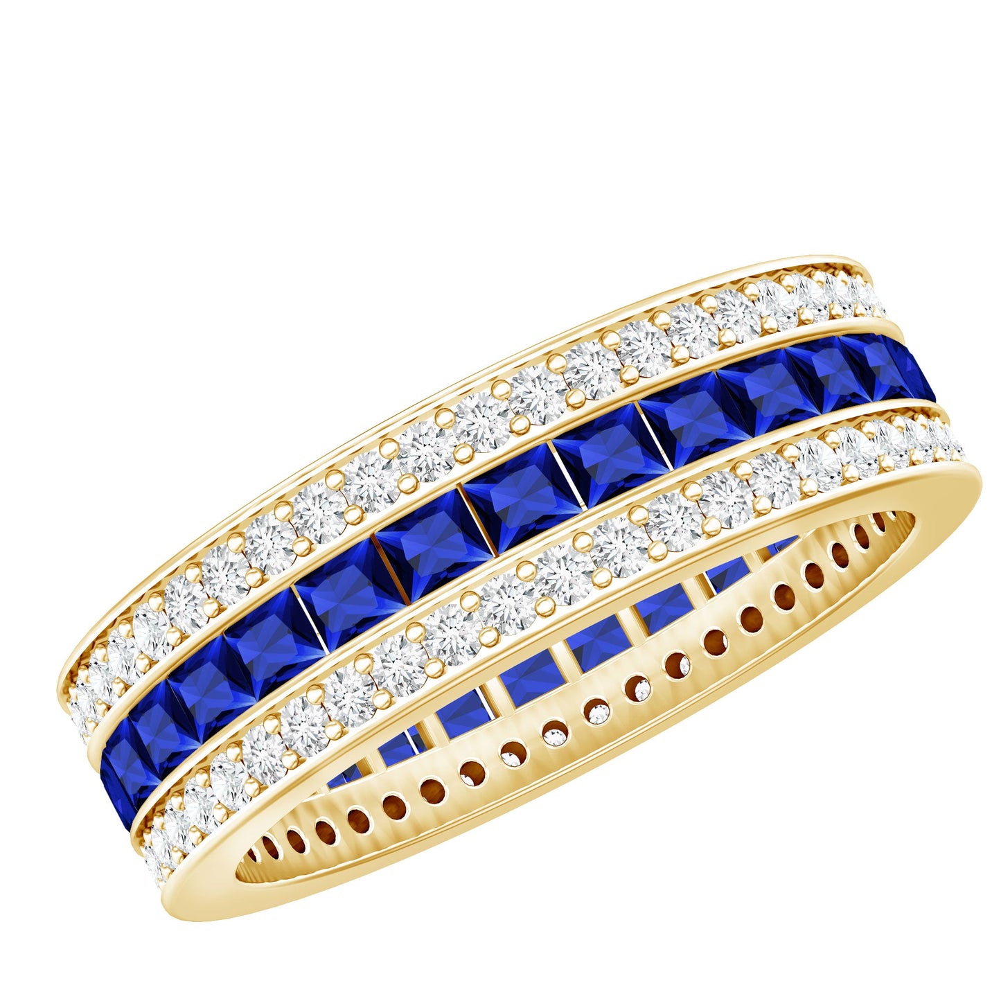 Certified Lab Grown Blue Sapphire 3 Row Wedding Band