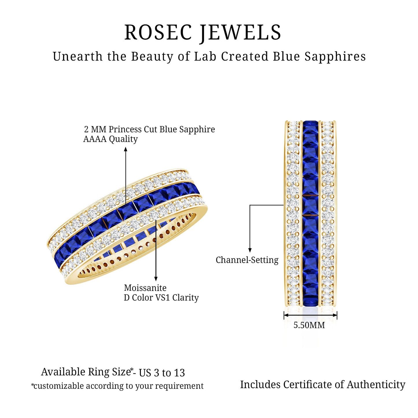 Certified Lab Grown Blue Sapphire 3 Row Wedding Band