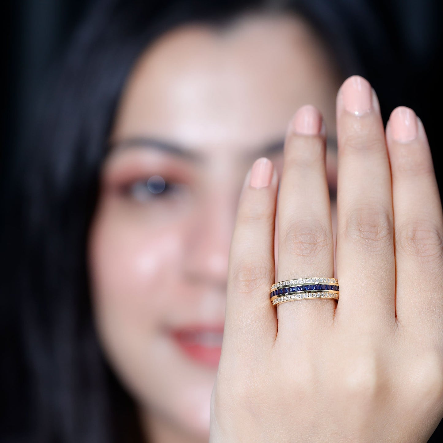 Certified Lab Grown Blue Sapphire 3 Row Wedding Band