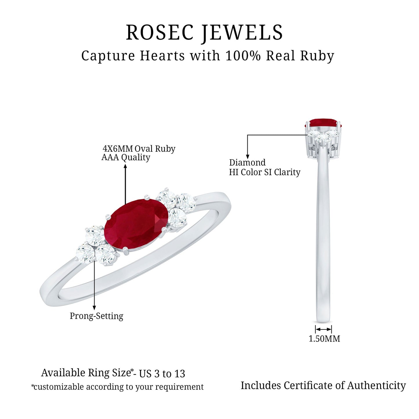 East West Style 0.6 Carat Ruby Oval Promise Ring with Diamond