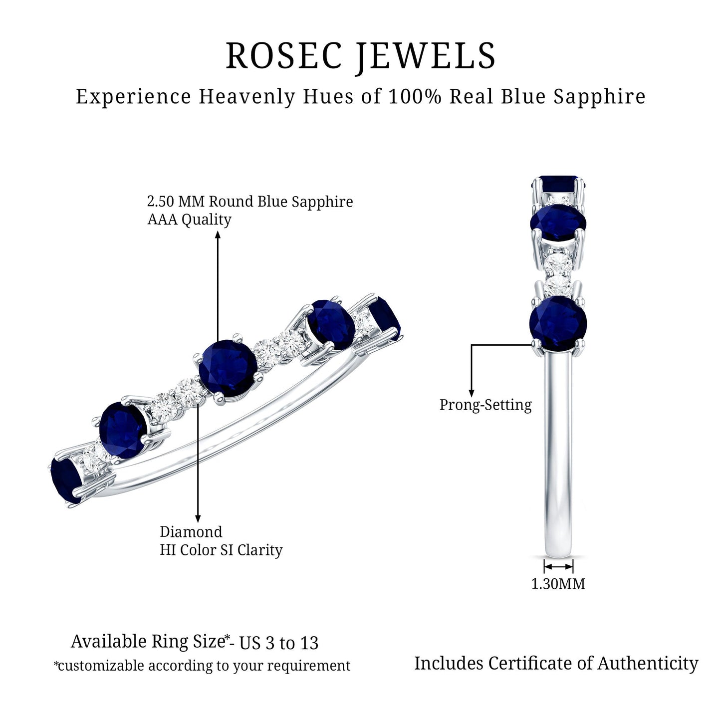 Round Blue Sapphire and Diamond Half Eternity Ring