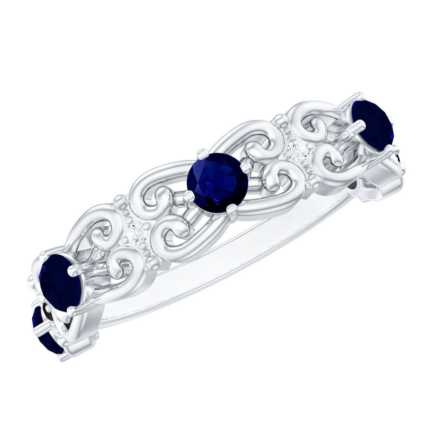 Blue Sapphire and Diamond Vintage Half Eternity Wedding Band