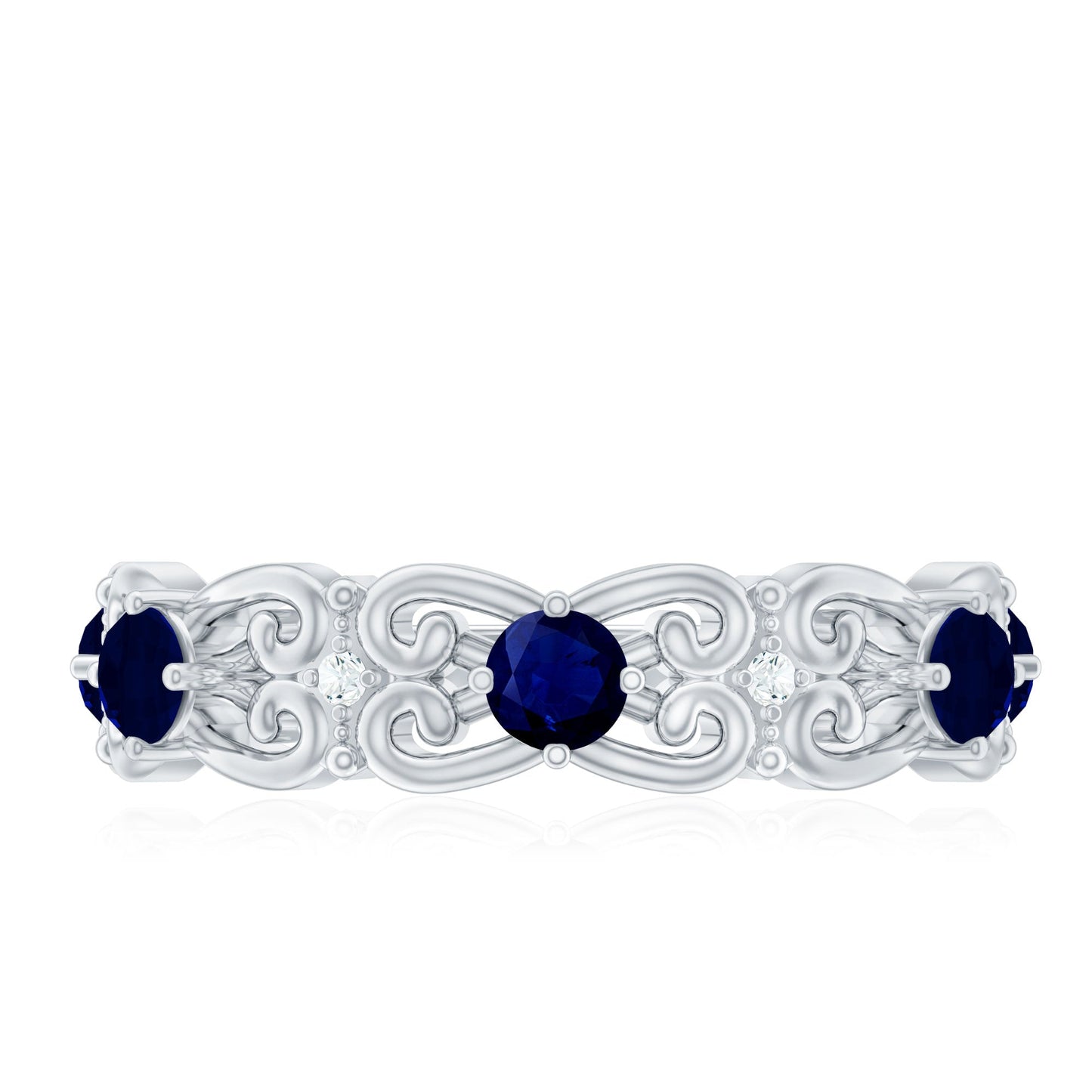 Blue Sapphire and Diamond Vintage Half Eternity Wedding Band