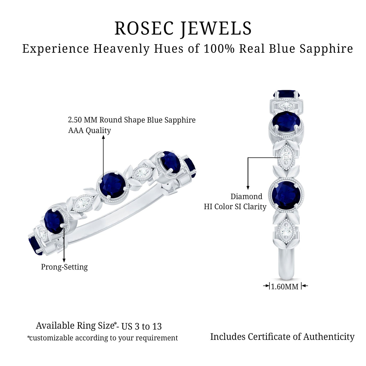 Nature Inspired Blue Sapphire Diamond Half Eternity Ring