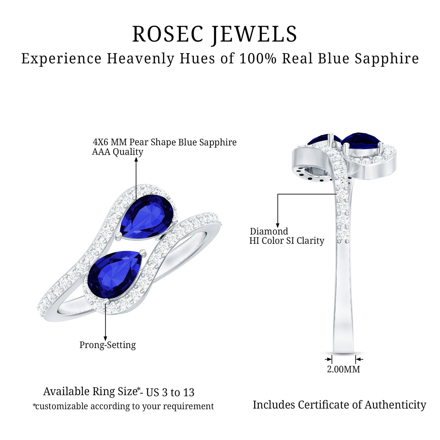 Natural Pear Shape Blue Sapphire 2 Stone Engagement Ring with Diamond