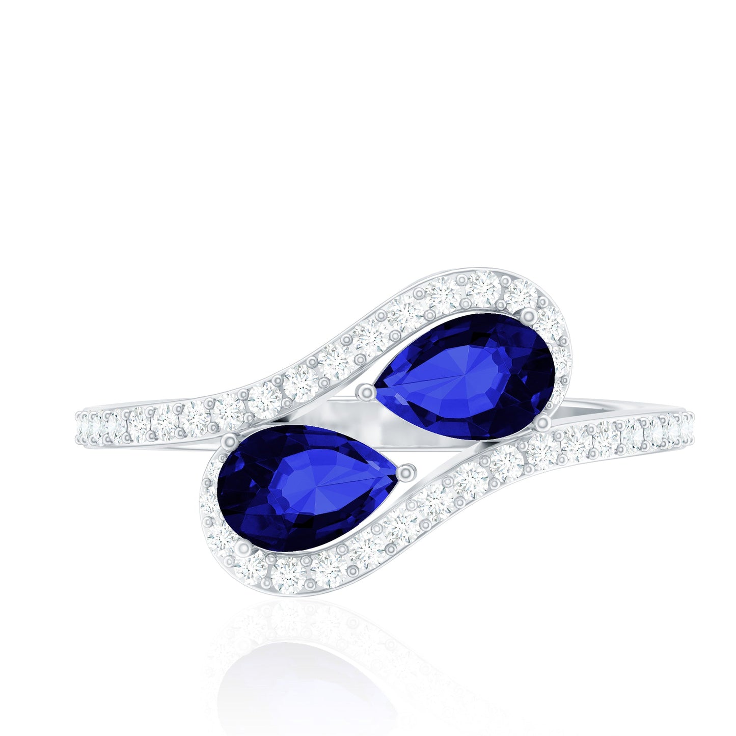 Natural Pear Shape Blue Sapphire 2 Stone Engagement Ring with Diamond