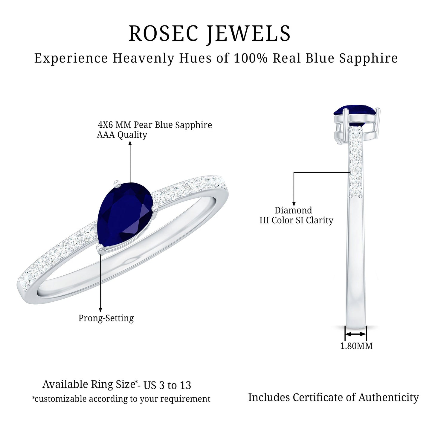 Natural 0.5 Carat Blue Sapphire Promise Ring with Diamond
