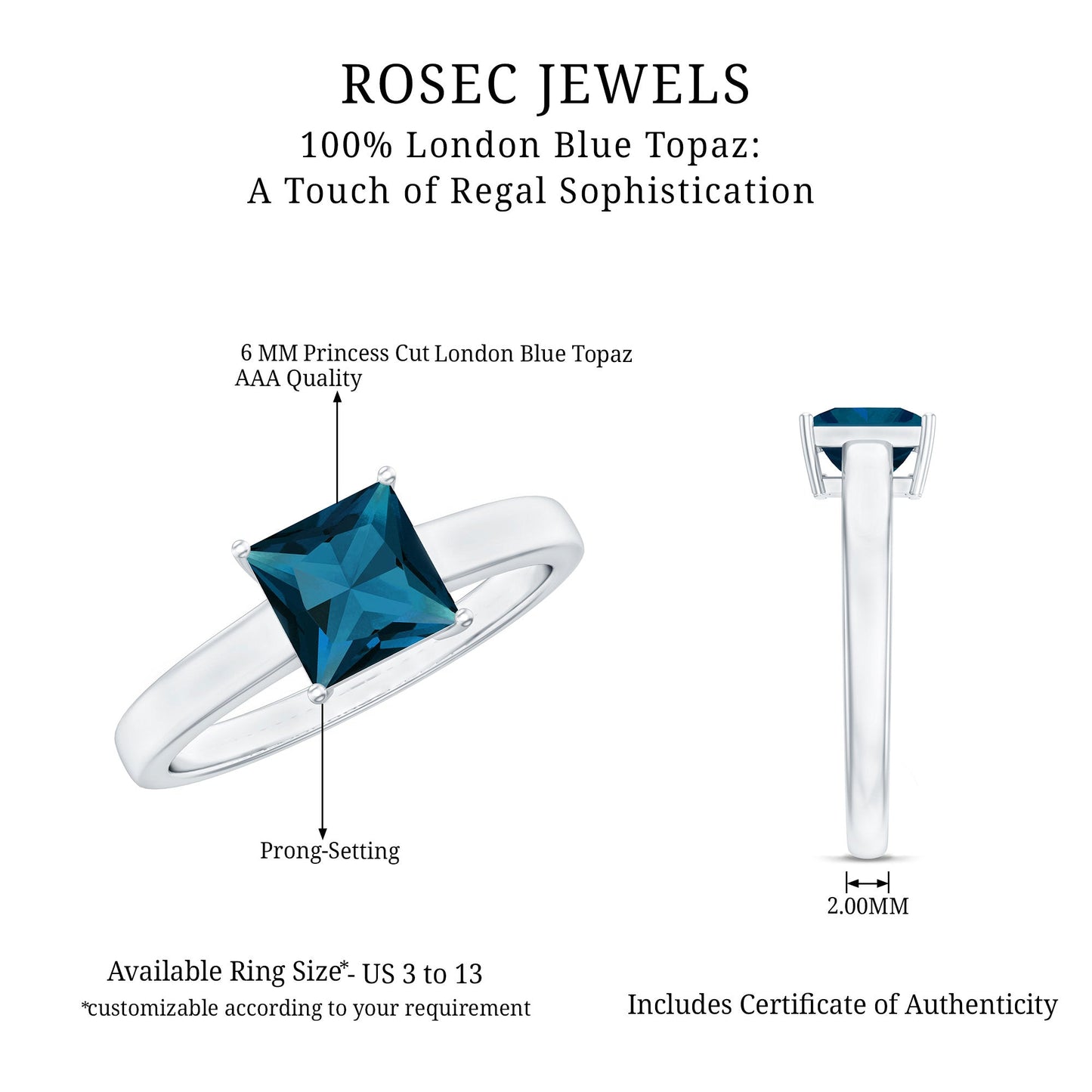 1 Carat Princess Cut London Blue Topaz Solitaire Ring