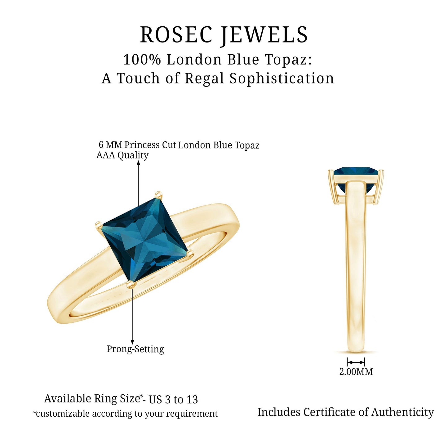 1 Carat Princess Cut London Blue Topaz Solitaire Ring