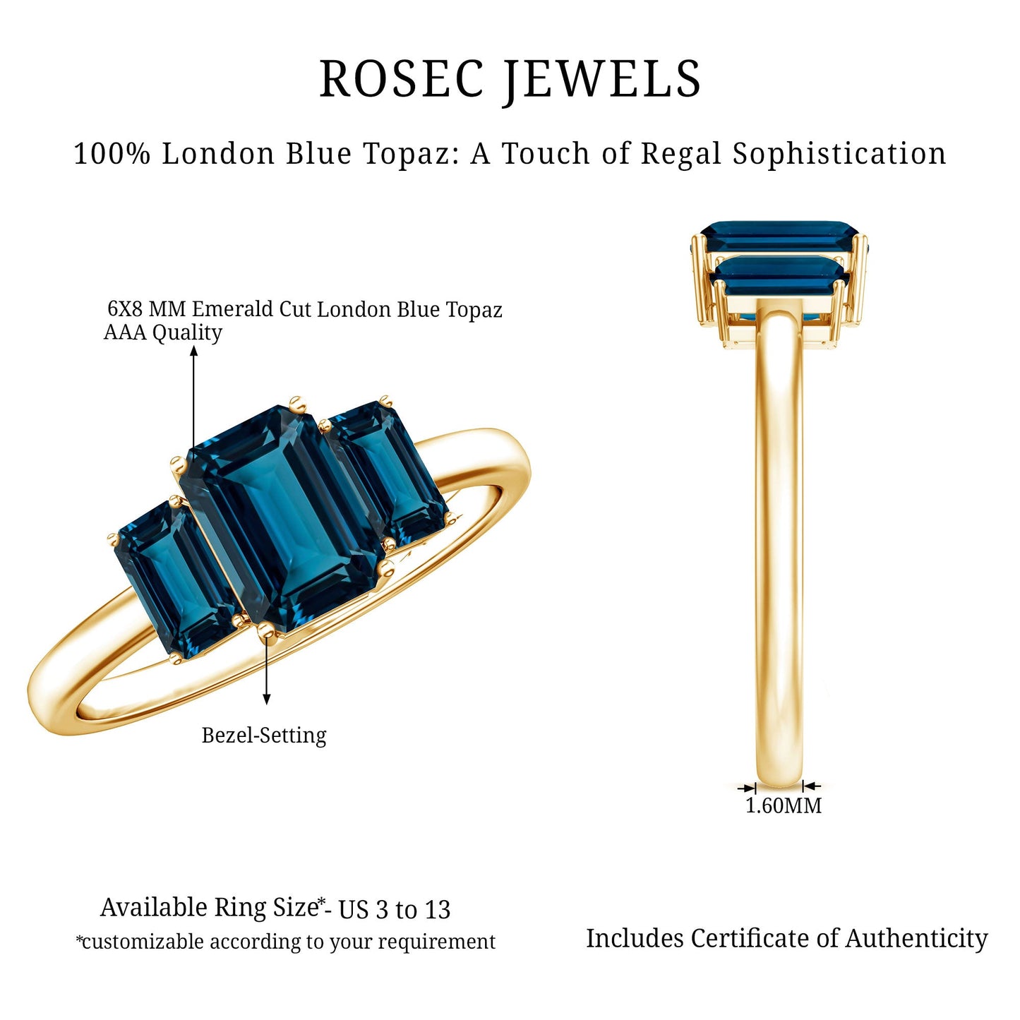 Emerald Cut London Blue Topaz Three Stone Engagement Ring