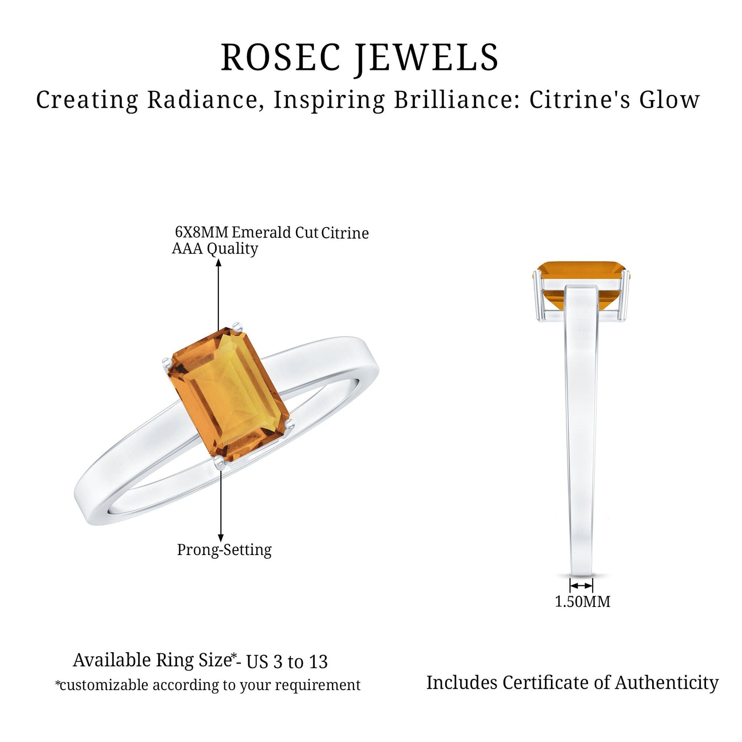 1.8 Carat Natural Citrine Solitaire Emerald Cut Engagement Ring