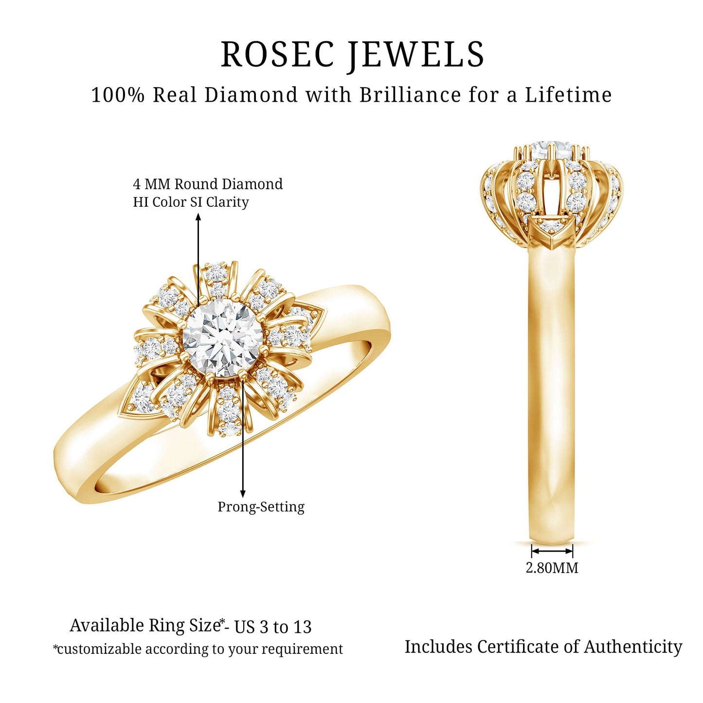 Certified Real Diamond Flower Engagement Ring for Women